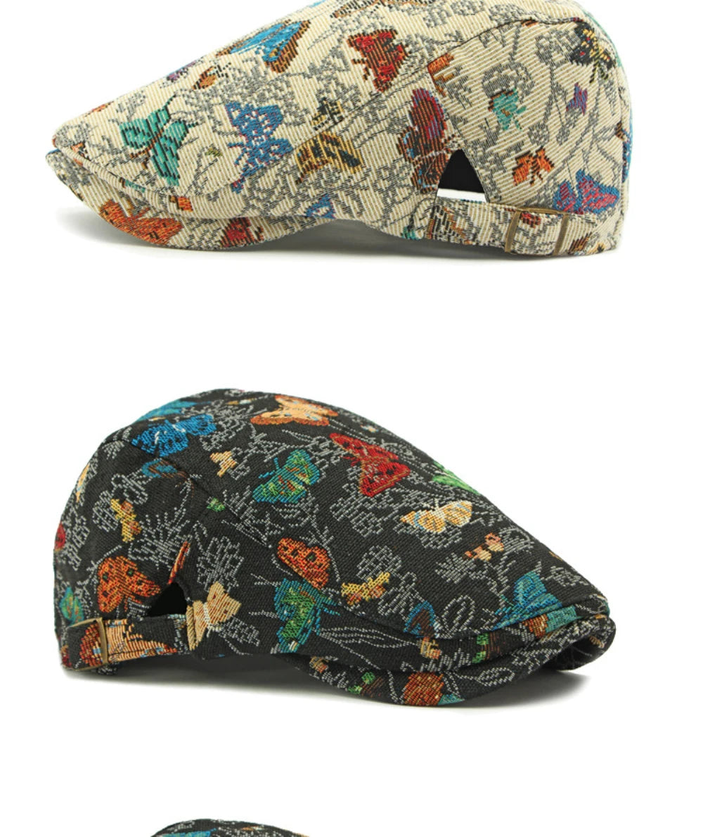 Women's Butterfly Embroidery Cotton Beret Hat - Adjustable Painter Cap