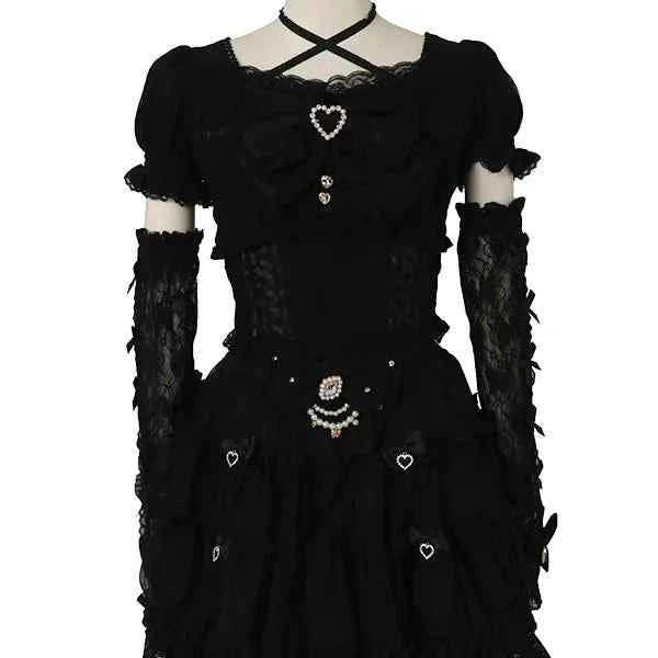 Japanese Sweet Heavy Industry Splicing Sleeve Strap Lace Bow Lace Shirt Summer Autumn New Elastic Slim Long-sleeve Tshirt Top