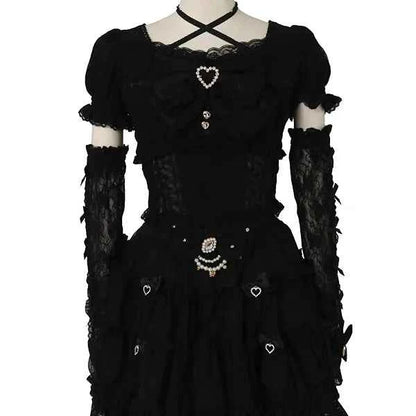 Japanese Sweet Heavy Industry Splicing Sleeve Strap Lace Bow Lace Shirt Summer Autumn New Elastic Slim Long-sleeve Tshirt Top