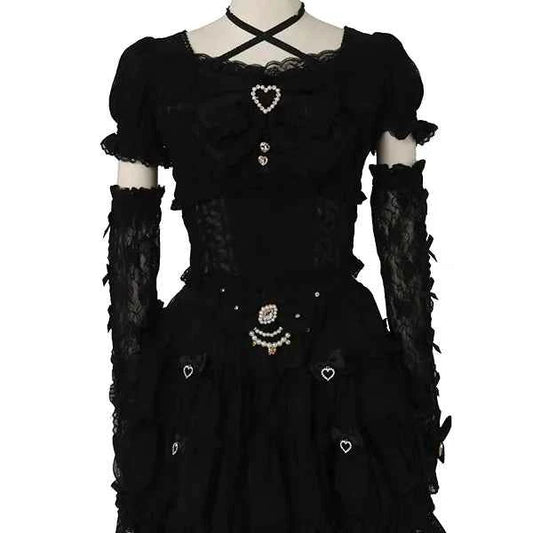 Japanese Sweet Heavy Industry Splicing Sleeve Strap Lace Bow Lace Shirt Summer Autumn New Elastic Slim Long-sleeve Tshirt Top