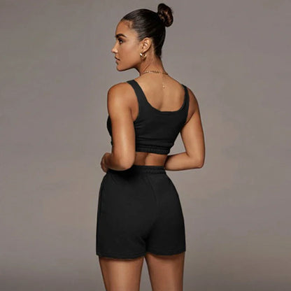 Crop Tops And Drawstring Shorts Set Sexy U-Neck Fitness Tank Top Summer Athleisure Biker Shorts Two Piece Sets Women Streetwear - SS69