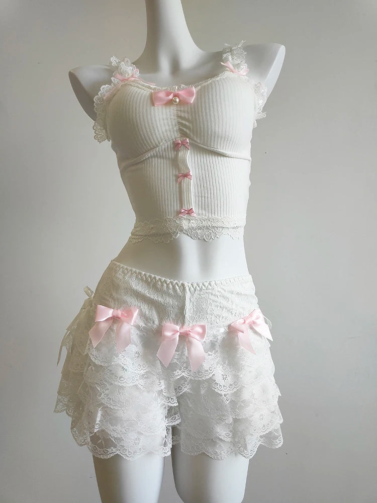 Sweet Crop Top Women Lace Trim Cotton Cropped Bows Bead Decoration Pink White Cute Camis Sweet Girls Lolita Style Kawaii Clothes SS69