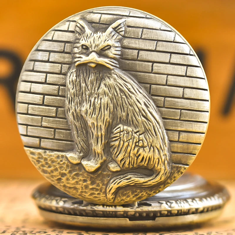 Vintage Bronze Clamshell Creative Handsome Cat Design Necklace Quartz Pocket Watch Gift Universal Male And Female Students SS69