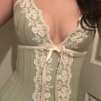 Xingqing Fairy Coquette Tank Top y2k Women Lace Floral V Neck Spaghetti Strap Sleeveless Vest with Bow 2000s Aesthetic Clothing