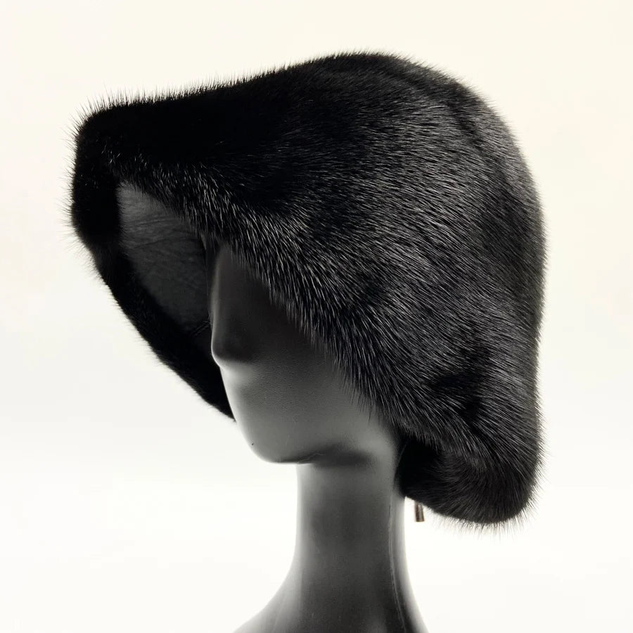 Women's Real Mink Fur Bucket Hat - Warm Winter Dome Cap
