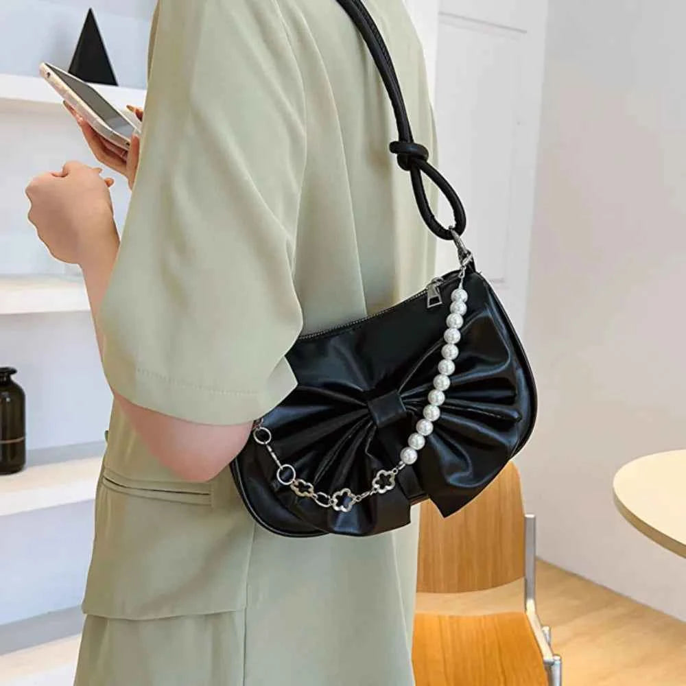 Trendy Pearl Bow Shoulder Bag Underarm Bag Daily Commuting Bag Casual Handbag Solid Business Women's Bag
