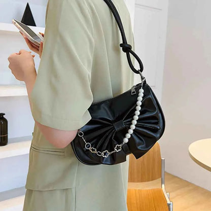 Trendy Pearl Bow Shoulder Bag Underarm Bag Daily Commuting Bag Casual Handbag Solid Business Women's Bag