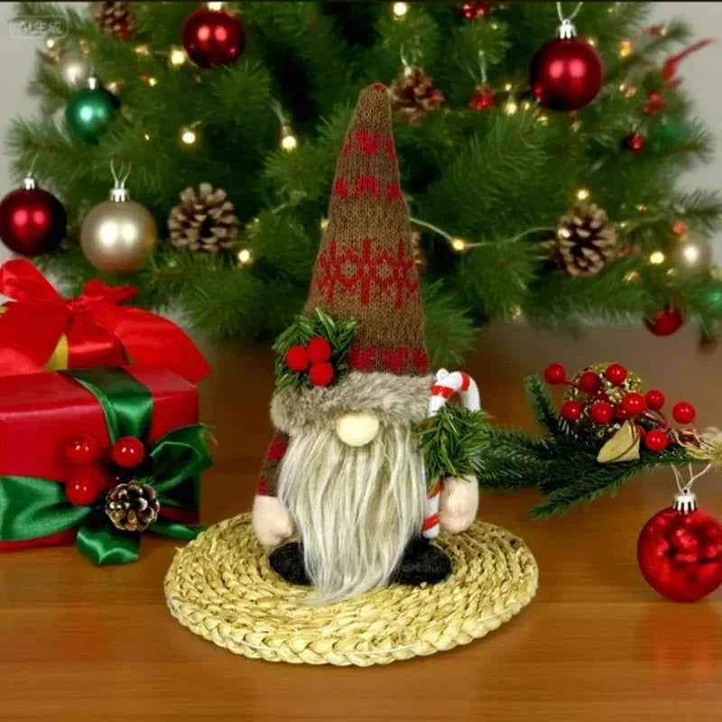 Christmas Decorations, Knitted Hat with Pine Branch, Rudolph Plush Toy, Gnome Faceless Doll Figurine