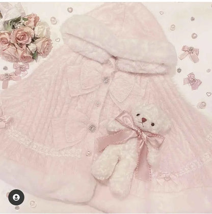 Japanese Sweet Soft Thick Women's Double-Layer Big Ribbon Hooded Knitted Cloak 3 Colors Autumn and Winter Ponchos Warm Jacket
