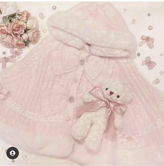 Japanese Sweet Soft Thick Women's Double-Layer Big Ribbon Hooded Knitted Cloak 3 Colors Autumn and Winter Ponchos Warm Jacket