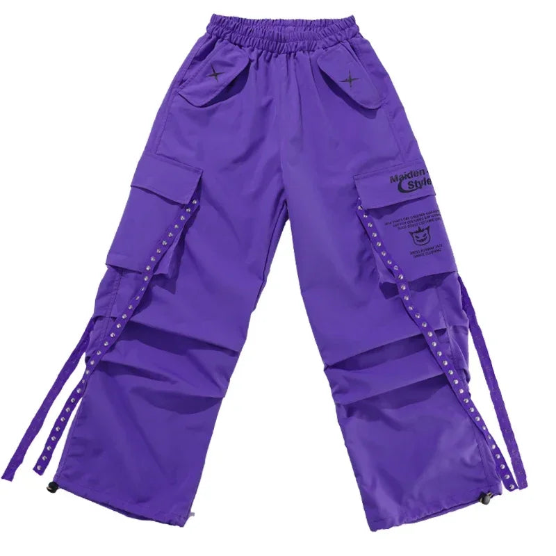 Girls K-Pop Street Dance Outfit: Purple Crop Top & Cargo Pants