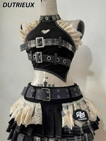 Harajuku Retro Summer New Girl Multi-layer Pleated Skirt Suit Heavy Industry Women's 2 Piuece Sets Lace Splicing Irregular Top SS69