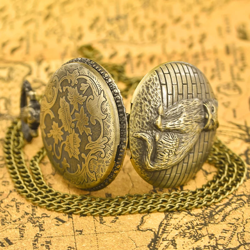 Vintage Bronze Clamshell Creative Handsome Cat Design Necklace Quartz Pocket Watch Gift Universal Male And Female Students SS69