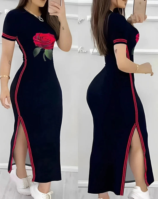 Womens Dresses 2023 Summer Fashion Striped High Slit Casual O-Neck Short Sleeve Daily Skinny Maxi A Line Dress Woman Clothing SS69 6.69 B / L
