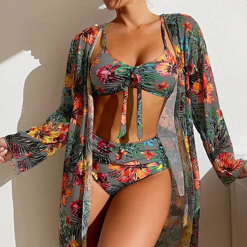 Size S-3XL Bikini Three Pieces Floral Printed Swimsuit Women Bikini Set With Mesh Long-Sleeved Blouse,Bra Top with Pad Swimwear SS69 33.69 grey / XXXL