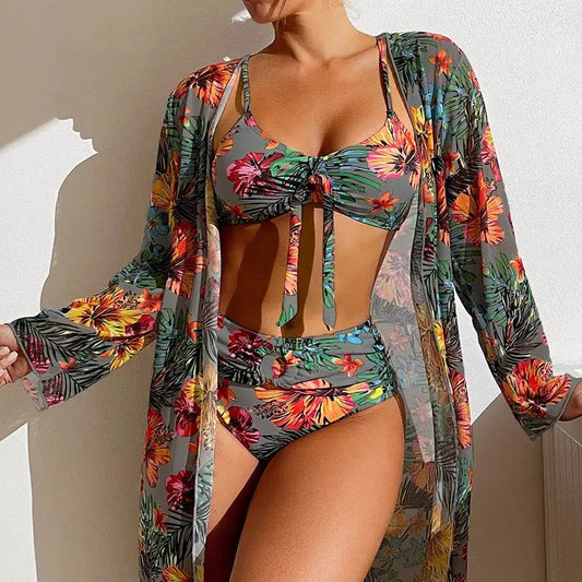 Size S-3XL Bikini Three Pieces Floral Printed Swimsuit Women Bikini Set With Mesh Long-Sleeved Blouse,Bra Top with Pad Swimwear SS69 33.69 grey / XXXL
