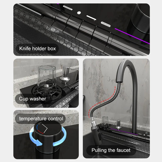 BOSX 304 Stainless Steel Kitchen Sink with Waterfall Faucet and Digital Display