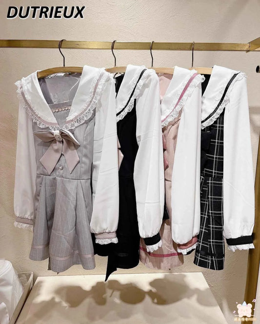 Japanese Style Women's Outfits Sailor Collar Plaid Rhinestone Bow Dress Shorts Set Sweet Lolita Mine Series Dress Two-Piece Suit
