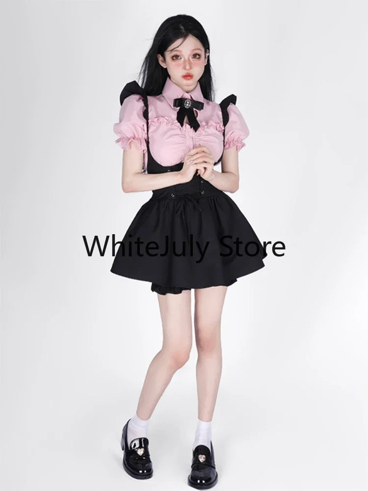 Summer Kawaii Clothing Pink Y2k Crop Tops Blouse + Black Mini Dress Two Piece Set for Women Casual Bodycon Korean Suit Chic SS69