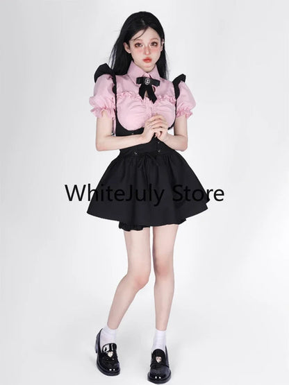 Summer Kawaii Clothing Pink Y2k Crop Tops Blouse + Black Mini Dress Two Piece Set for Women Casual Bodycon Korean Suit Chic SS69