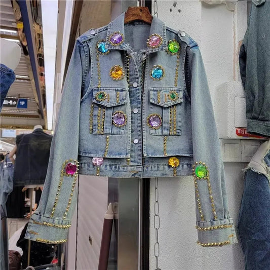 Color Gem Stitching Denim Coat Autumn New American Style Vintage Washed Beaded Rivet Street Fashion Short Jacket Women Trendy SS69