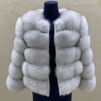 WGLUVF Women's Real Fox Fur Short O-Neck Coat