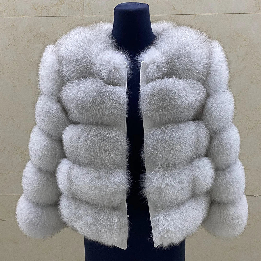 WGLUVF Women's Real Fox Fur Short O-Neck Coat