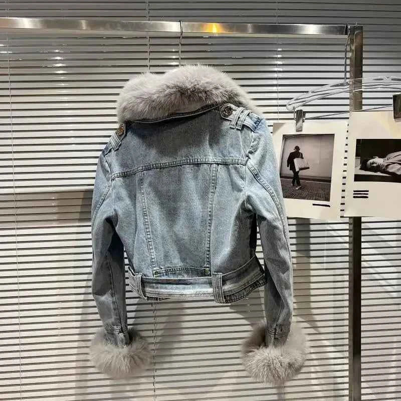 Winter Women Denim Coat Jacket Fox Collar Short  Warm High Street Outerwear Thicken Coat High Quality Luxury Design Party Wear