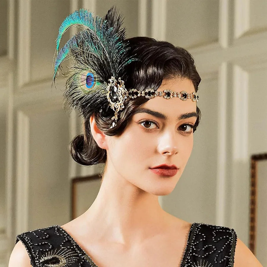 1920s Flapper Peacock Feather Headband Roaring 20s Showgirl Hair band Great Gatsby Hair Accessories 머리띠 резинки для волос 헤어밴드 SS69