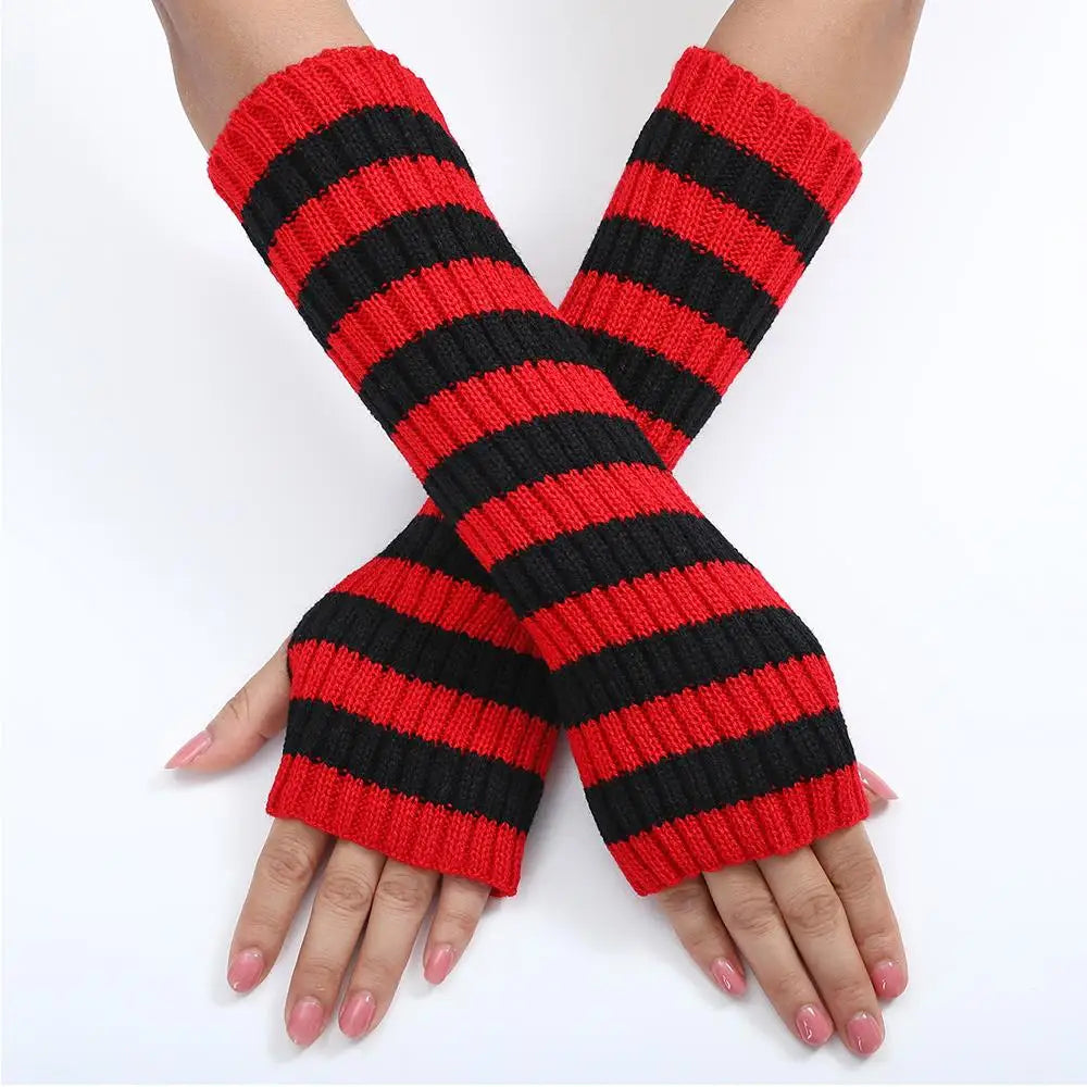 Lolita Striped Women's Knitted Fingerless Arm Sleeves Halloween Gothic Style Long Arm Warmers Girls Punk Striped Elbow Gloves SS69 12.69 dark red / One Size