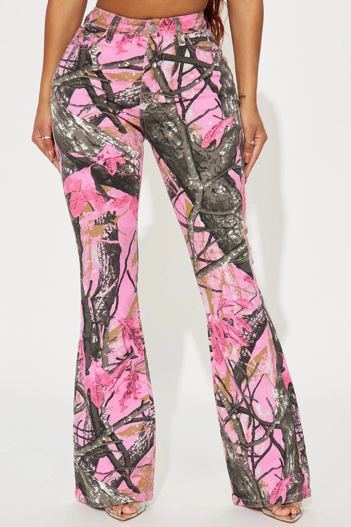 FAGADOER Y2k Fashion Pink Camouflage Print Pants Women Button High Waist Flare Pants Female INS New Autumn Streetwear Bottoms SS69