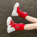 Single Boots Autumn New Round Toe Front Lace-Up Platform Non-Slip Mid-Tubular Boots Size Up To 42
