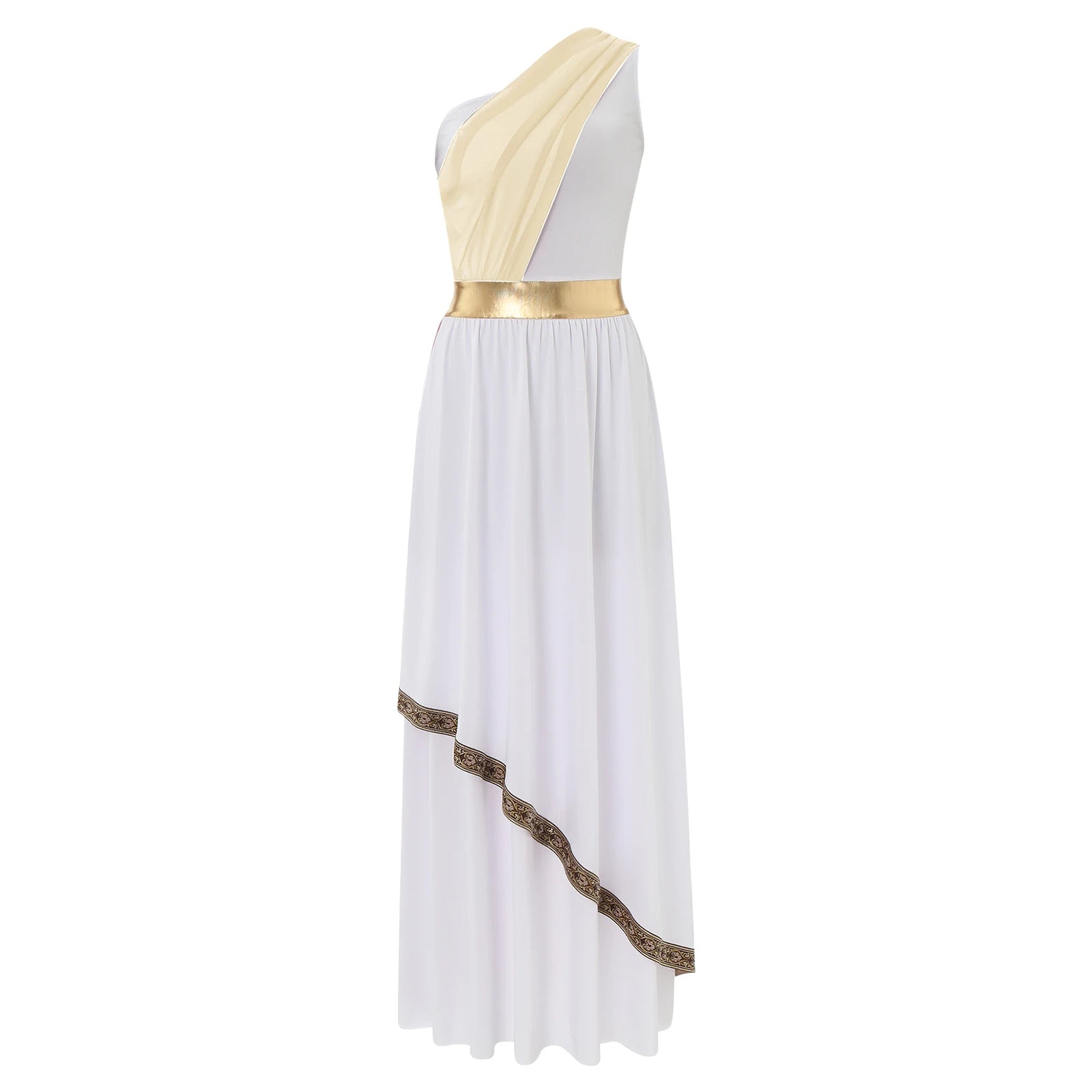 Womens One-Shoulder Greek Goddess Costume Dress with Chiffon Overlay