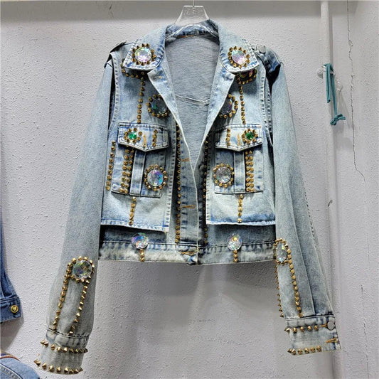 Color Gem Stitching Denim Coat Autumn New American Style Vintage Washed Beaded Rivet Street Fashion Short Jacket Women Trendy SS69 52.69 White Drill Coat / L