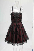 ROSEGAL Women Gothic Dress Vintage Mesh Flocking Applique Layered A Line Cami Dress Sleeveless Punk Goth Party Cocktail Dresses