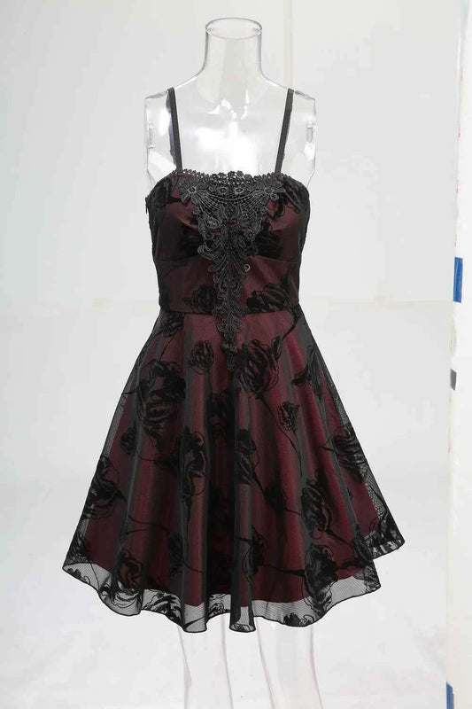 ROSEGAL Women Gothic Dress Vintage Mesh Flocking Applique Layered A Line Cami Dress Sleeveless Punk Goth Party Cocktail Dresses