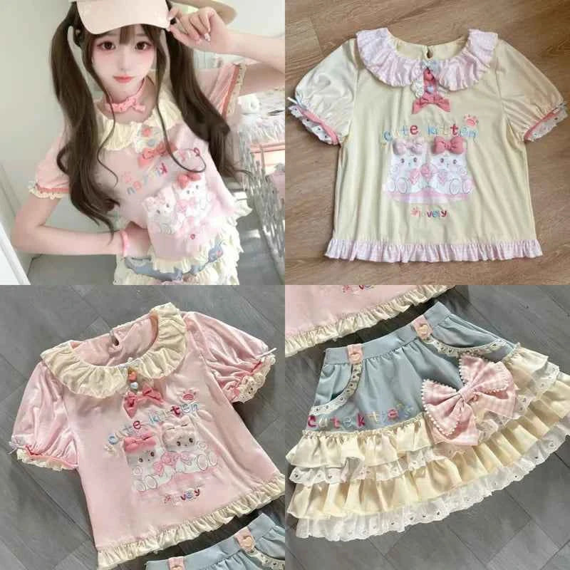 Y2K JK Lolita Japan Kawaii Girl Cute Sweet Lace T-shirt Lolita Print Tops Bow Cake Blouse  A-line Spliced Cake Skirt New Chic