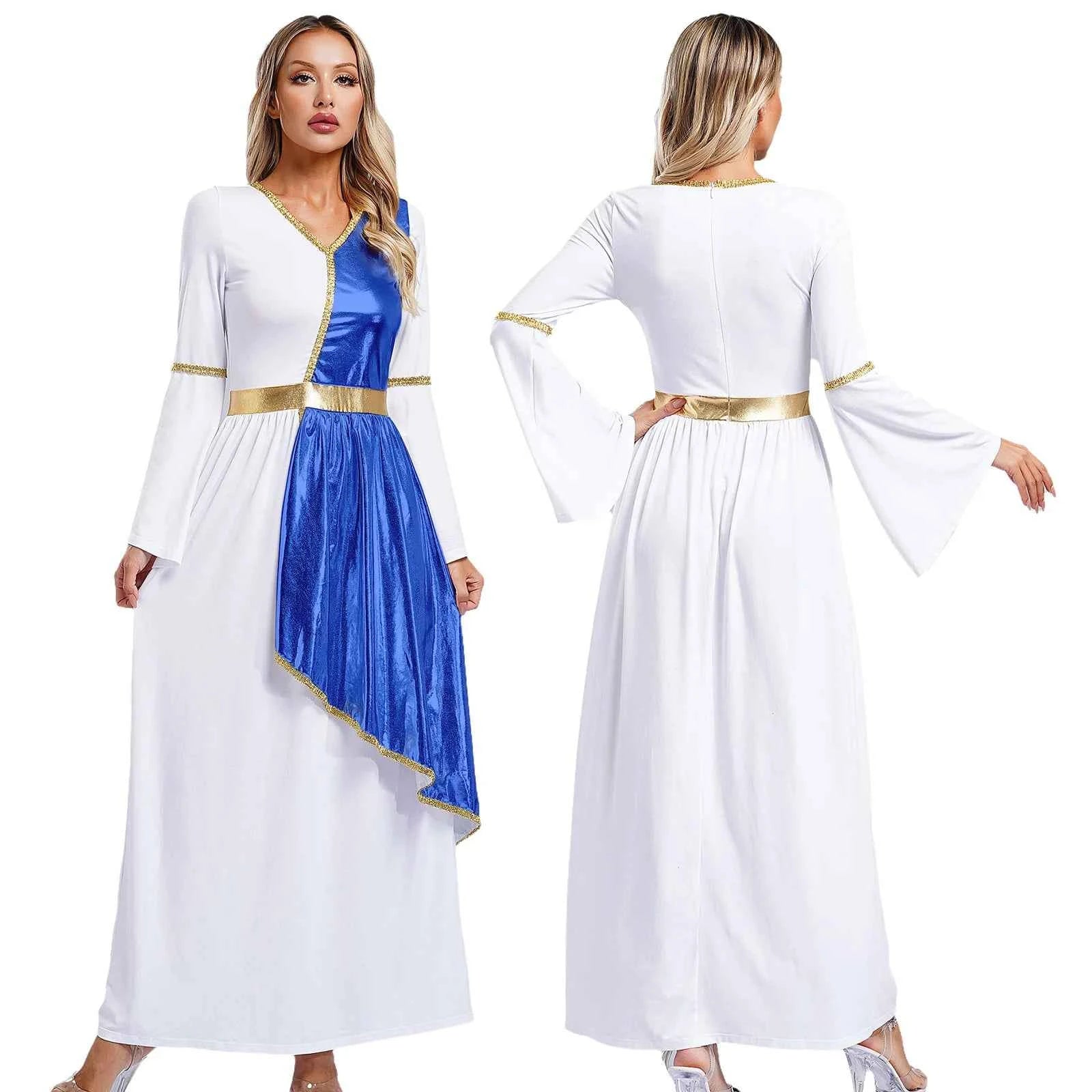 Woman's Greek Aphrodite Nymph Halloween Cosplay Costume Shiny Bell Long Sleeve Maxi Robe Dress Church Choir Prayer Gown