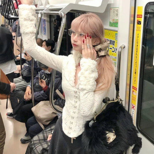 Deeptown Y2k Black Vintage Lace Gothic Women Shirt Harajuku V Neck Hollow Out Long Sleeve Japanese Fashion Blouses Slim Gyaru SS69