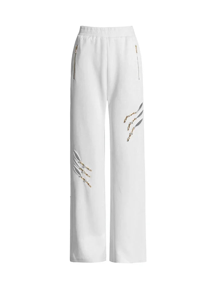 Solid Patchwork Diamonds Designer Wide Leg Pants For Women High Waist Patchwork Pockets Hollow Out Chic Pant Female SS69