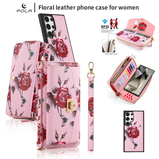 Phone Case Smartphone Android Cases Samsung Galaxy S25 Ultra Accessories Magsafe Wallet Luxury Lanyard Leather Zipper Flower Bag SS69