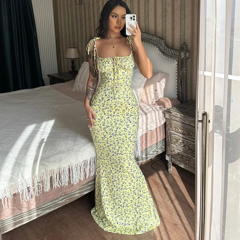 Hugcitar Women Floral Spaghetti Strap Bodycon Maxi Dress