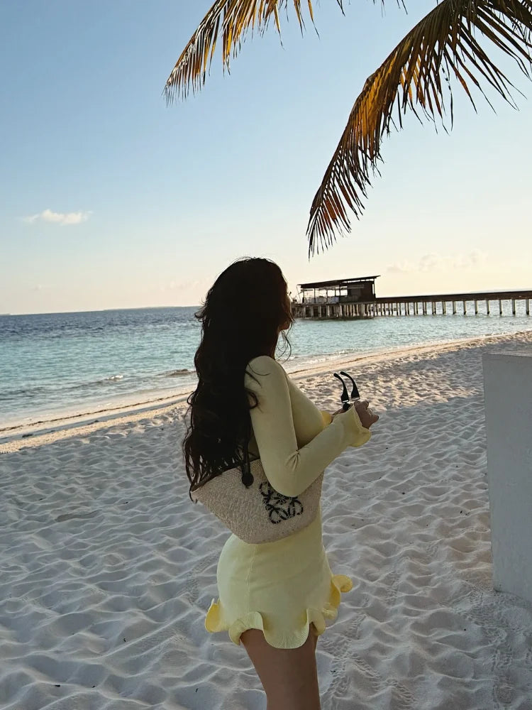 Women Fashion Solid Ruffles Hem Mini Dress Elegant Long Sleeve High Waist Slim Dresses 2025 Summer Vocation Street Vestidos SS69