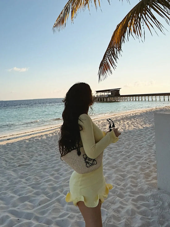 Women Fashion Solid Ruffles Hem Mini Dress Elegant Long Sleeve High Waist Slim Dresses 2025 Summer Vocation Street Vestidos SS69