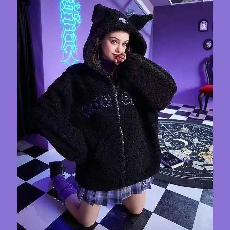 Sanrio New Hoodie Hooded Kuromi Cute Thicken Coat Fleece-Lined Embroidery Women's Loose Plus Size Hoodie Autumn and Winter Ins