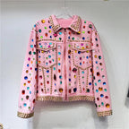Women Rainbow Diamonds Beaded Pink Denim Coat Loose Rhinestones Jeans Jacket Long Sleeve Crystal Cowboy Cardigan Rivets Tops SS69