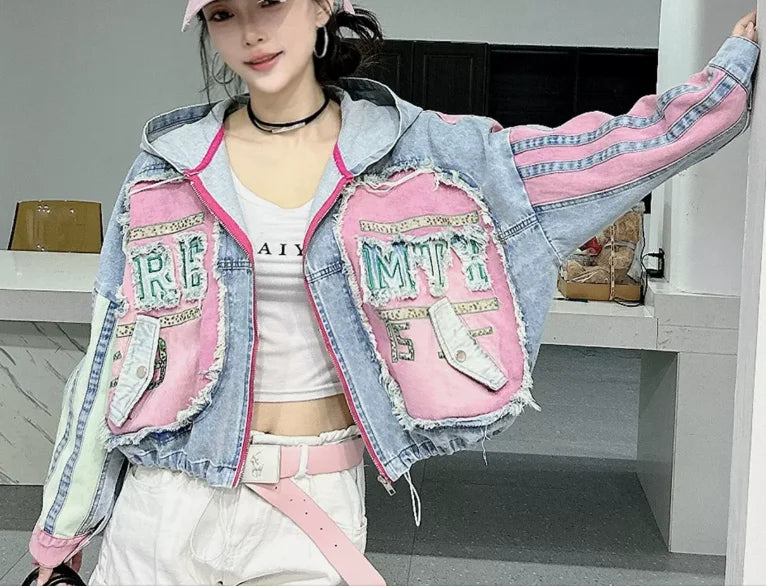Womens Spring New 2026 Splicing Hooded Retro Denim Jacket Fashion Short Loose Versatile Zipper Long Sleeve Street Jackets