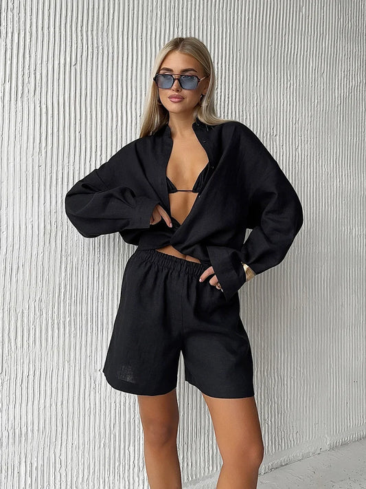 Bornladies Women's Cotton Casual Set Long Sleeve Shirt and Wide Leg Pants