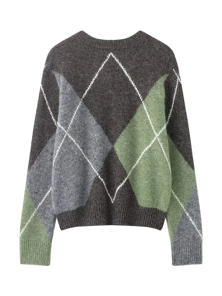 HH 2026 Spring Sweater For Women Elegant Fashion Diamond Plaid Knitted Pullover Sweater Loose Oversized High Street Lady Tops
