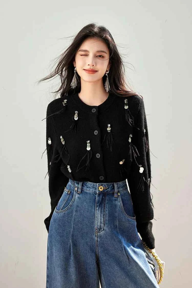 H Han Queen Autumn Simple Basic Black Tasseled Sequins Knitted Coats Cardigan Sweater For Womens Tops Long Sleeve Cardigans